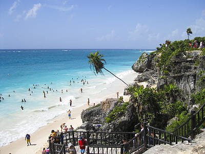 People on Cliff With Grass Trees Watching People on Sea Shore Swimming Walking Under Blue Clouds during Daytime thumbnail