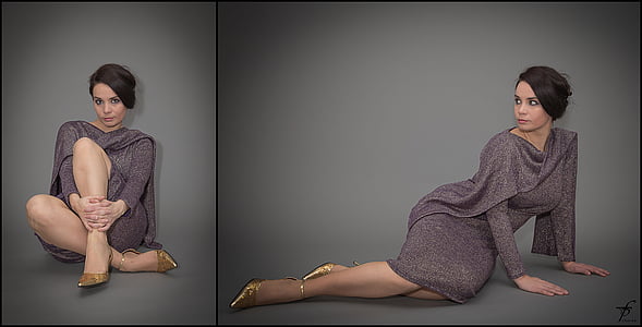 woman in gray long-sleeved dress collage thumbnail