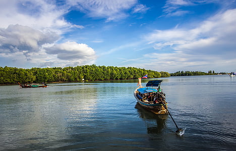 brown and blue boat on body of water thumbnail