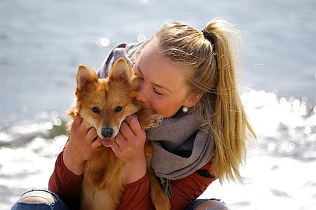 woman hugging Finnish spitz while sitting thumbnail