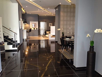 dining room on black ceramic tile flooring thumbnail