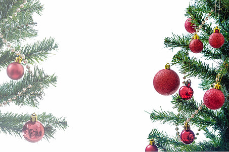 red baubles hanged on Christmas tree thumbnail