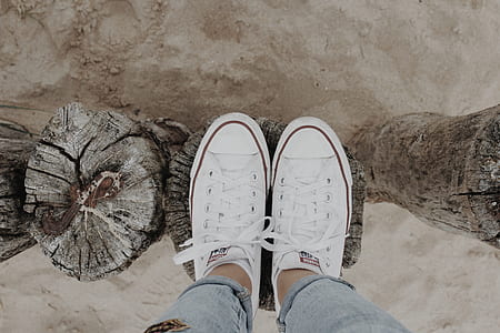 person standing on wood log in shore thumbnail