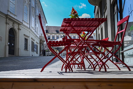 red wooden folding patio table and chairs thumbnail
