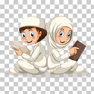 Quran Muslim Islam Illustration, A illustration of the Muslim figure reading the Quran, boy and girl illustration PNG clipart