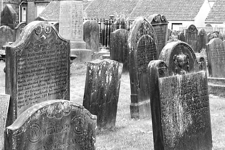 grayscale photo of assorted-shape tombstones thumbnail