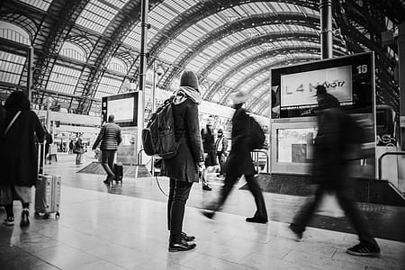 Time Lapse Grayscale Photograph of People Pass Through Inside Transportation Terminal thumbnail