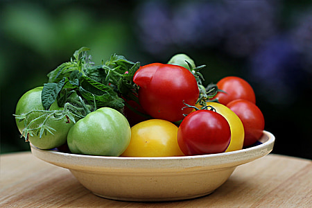 red and green tomatoes in white plate thumbnail