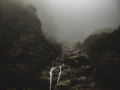 green mountain with waterfalls covered with fog thumbnail