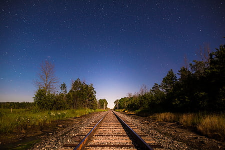 brown train rail beside woods under blue skies thumbnail