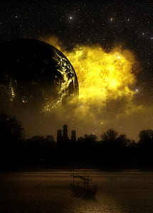 silhouette of building and trees with exploding star background thumbnail