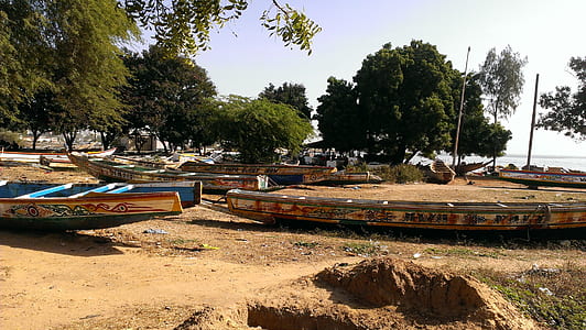 four assorted-color boats on shore thumbnail