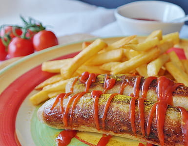 fries and hotdog on ceramic plate thumbnail
