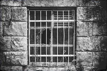 grayscale photo of window grill and wrecked window screen thumbnail