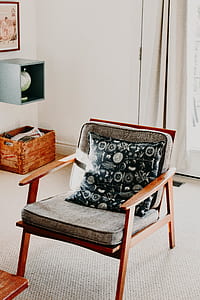 brown wooden frame armchair with grey paddings thumbnail