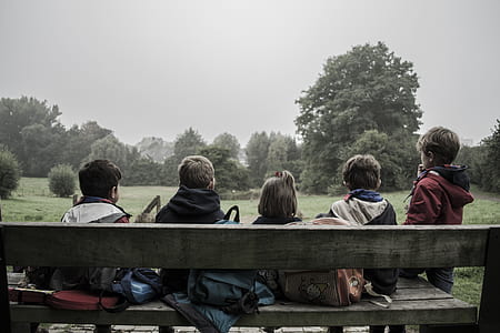 boy's and girl's sitting on brown wooden bench thumbnail
