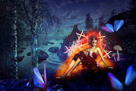 woman near fire digital wallpaper thumbnail