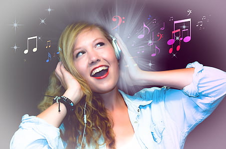 woman wearing gray corded headphones with musical notes thumbnail