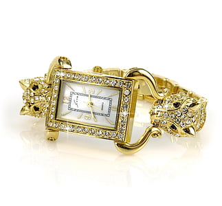 square gold-colored Quartz analog watch with link bracelet thumbnail
