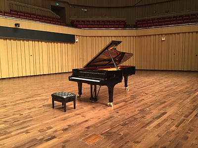 grand piano and tufted black ottoman chair on brown wood floor thumbnail
