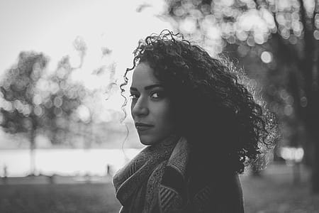 Woman Wearing Scarf Grayscale Photo thumbnail