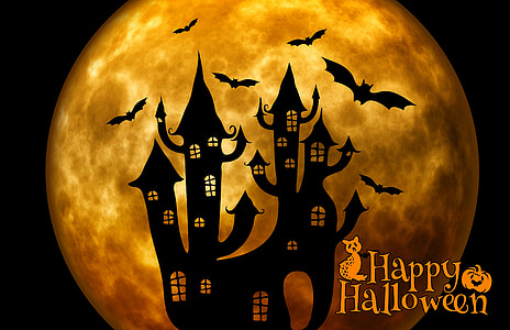 silhouette of haunted house and bats with Happy Halloween text overlay thumbnail