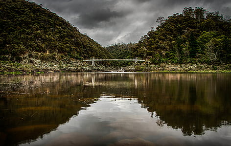 landscape photo of body of water near green trees under cloudy sky during daytime thumbnail