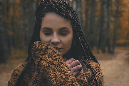 woman wearing brown and beige collared top thumbnail