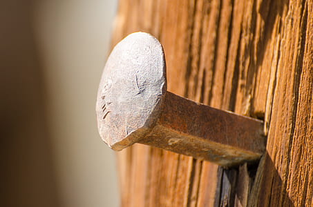 close-up photo of gray nail hammered in wood thumbnail