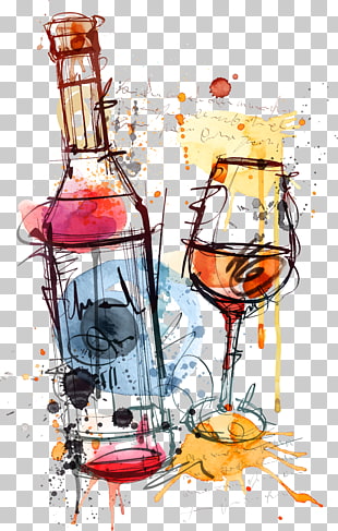 Red Wine Bottle Rosé , Watercolor wine glass and bottle Pino, liquor bottle and wine glass artwork PNG clipart