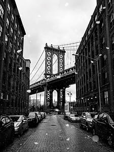 grayscale photography of Brooklyn Bridge thumbnail