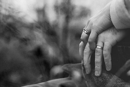 two person's hands wearing silver-colored rings in grayscale photography thumbnail