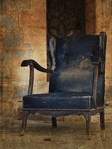 brown wooden framed blue padded armchair thumbnail