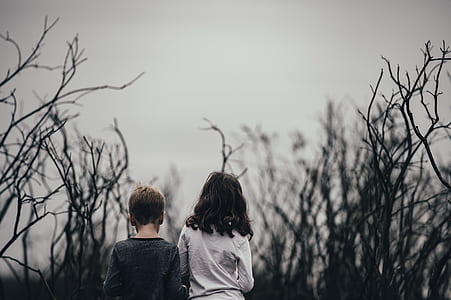 boy and girl walking near bare trees during daytime thumbnail