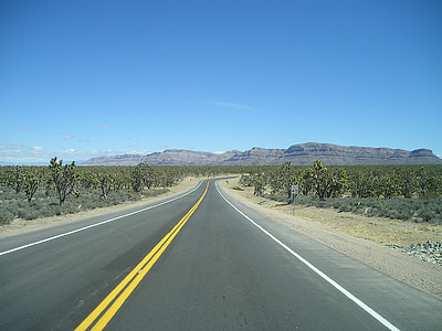 gray concrete road leading to canyons between green grass areas thumbnail