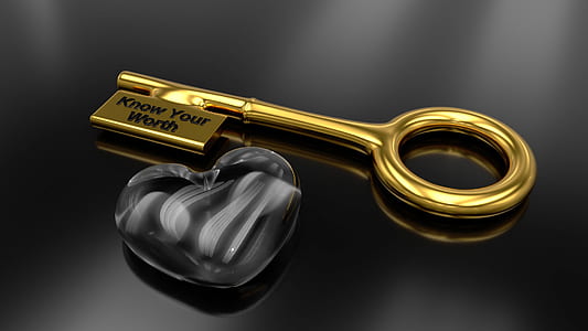 gold know your worth skeleton key beside heart glass ornament thumbnail
