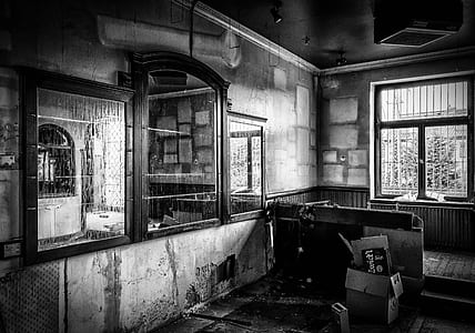 grayscale photography inside house thumbnail