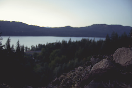 landscape photo of gray rocks near green trees and lake during daytime thumbnail