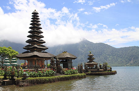 two brown temples over body of water thumbnail