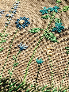 brown, green, and blue floral burlap textile thumbnail