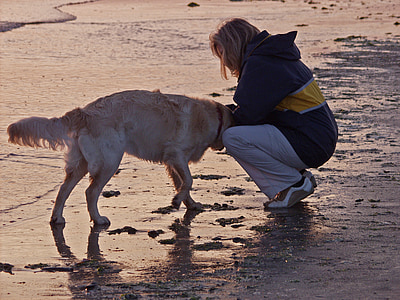 woman holding beige dog near body of water thumbnail