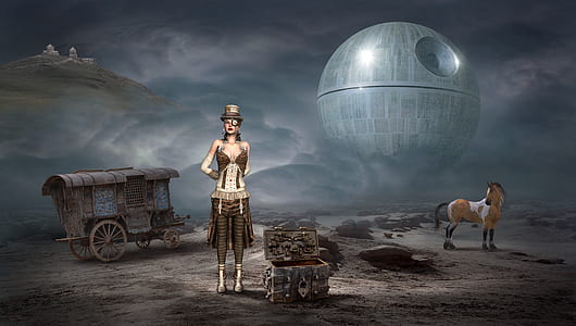 woman standing beside chest box with Star Wars Death Star background digital wallpaper thumbnail
