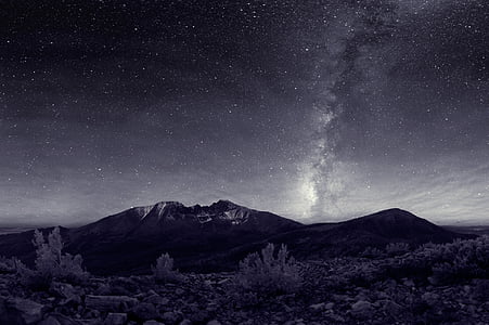 grayscale photo of mountain range under milky way thumbnail