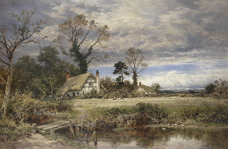 house near body of water under cloudy sky painting thumbnail