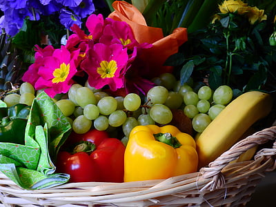 basket of fruits, vegetables and petaled flowers thumbnail