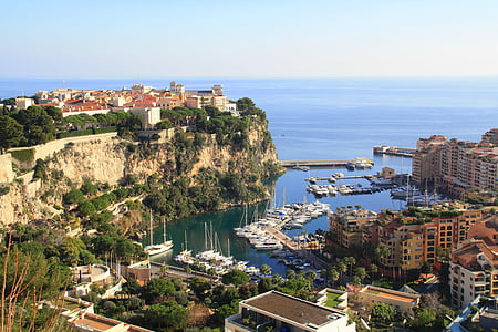 bird's-eye view photography of body of water surrounded with buildings and mountain thumbnail