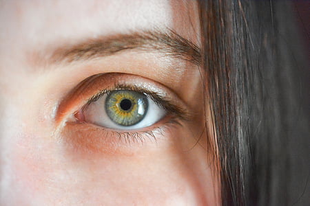close-up photo of green and yellow human left eye with black hair thumbnail