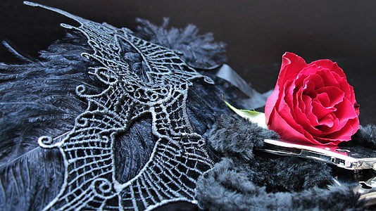 pink rose beside silver mask thumbnail