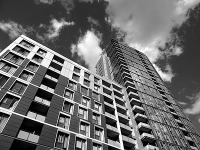 black-and-white, city, sky, clouds thumbnail