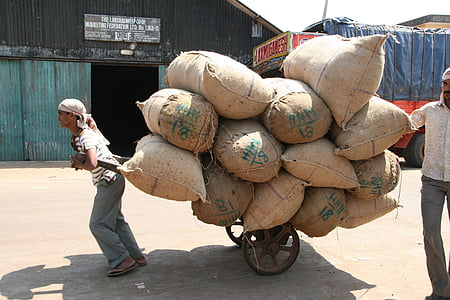 man carrying stack of sack on wagon thumbnail